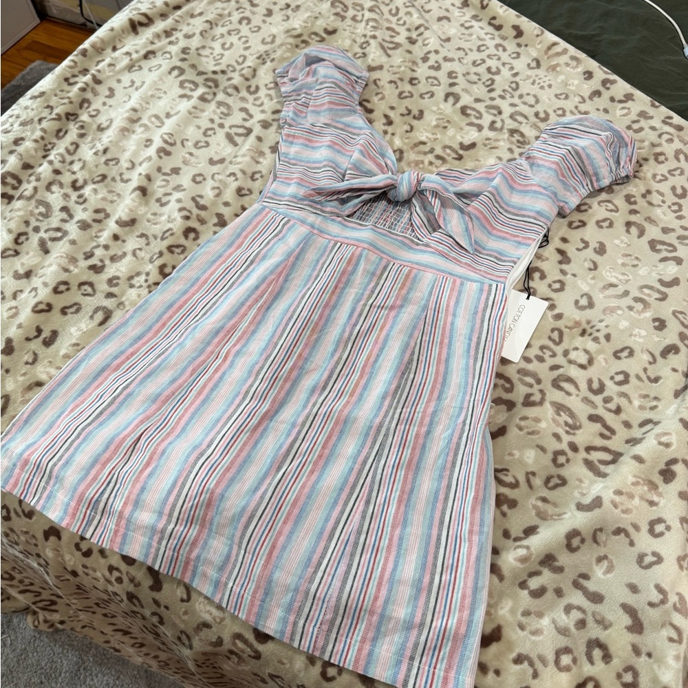 Striped Linen Cotton Candy Dress with Front Tie.